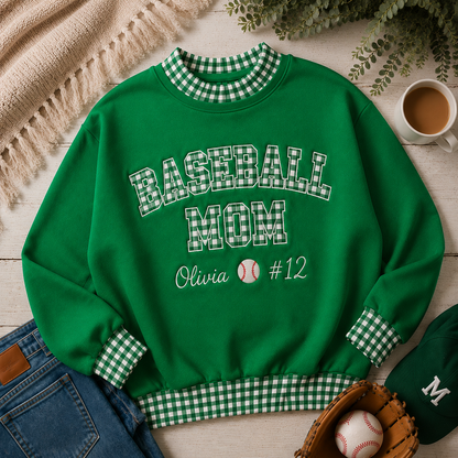 Green baseball mom gingham sweatshirt product mockup