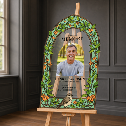Personalized Sparrow and Orange Blossom Acrylic Memorial Photo Sign