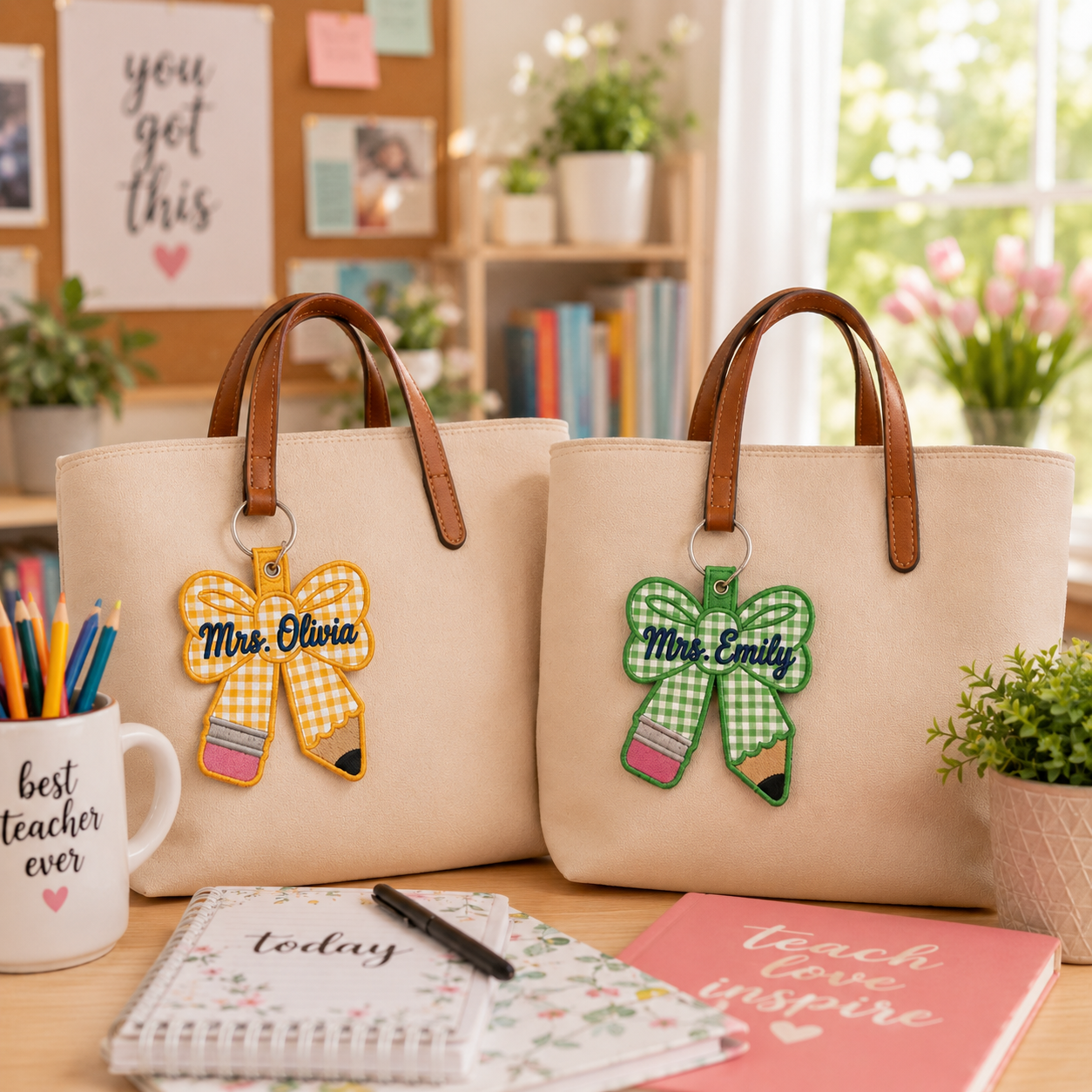 Personalized Teacher Pencil Bow Keychain