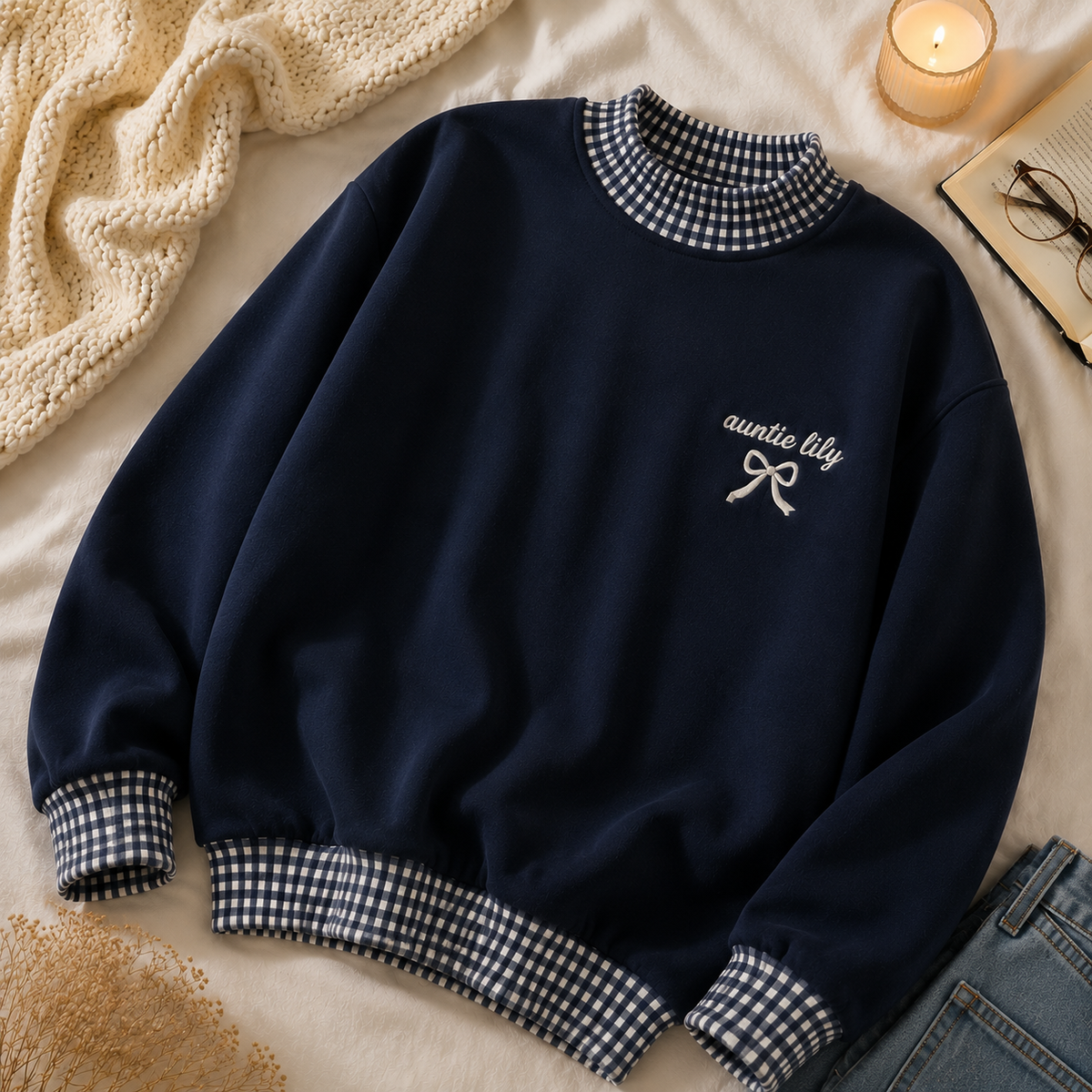Sweet Personalized Auntie Sweatshirt for New Aunts with Gingham Trim