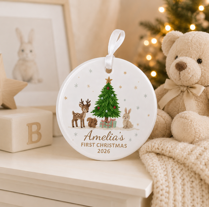 Personalized Baby First Christmas Woodland Animals Ceramic Ornament