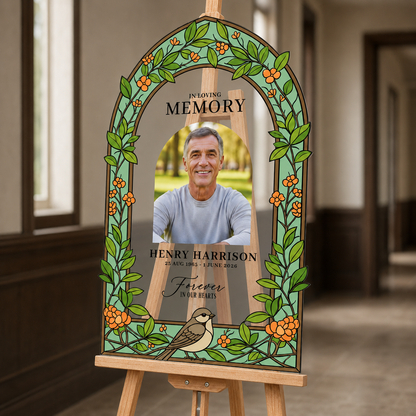 Personalized Sparrow and Orange Blossom Acrylic Memorial Photo Sign