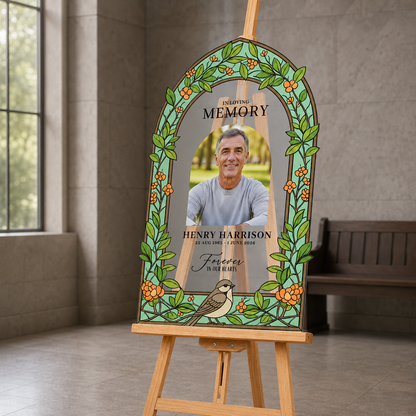 Personalized Sparrow and Orange Blossom Acrylic Memorial Photo Sign