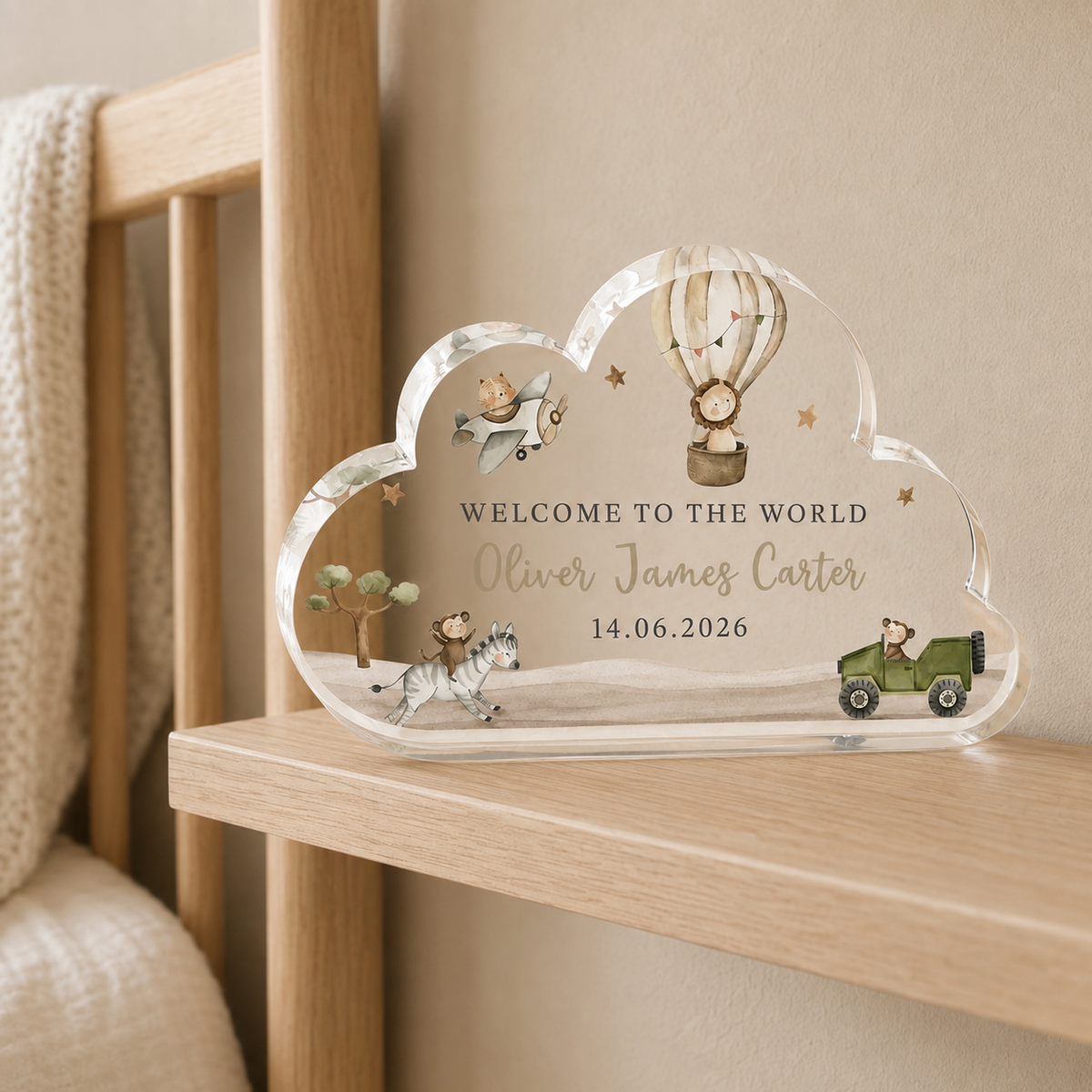 Personalized Safari Cloud Acrylic Newborn Keepsake – Name & Birth Date