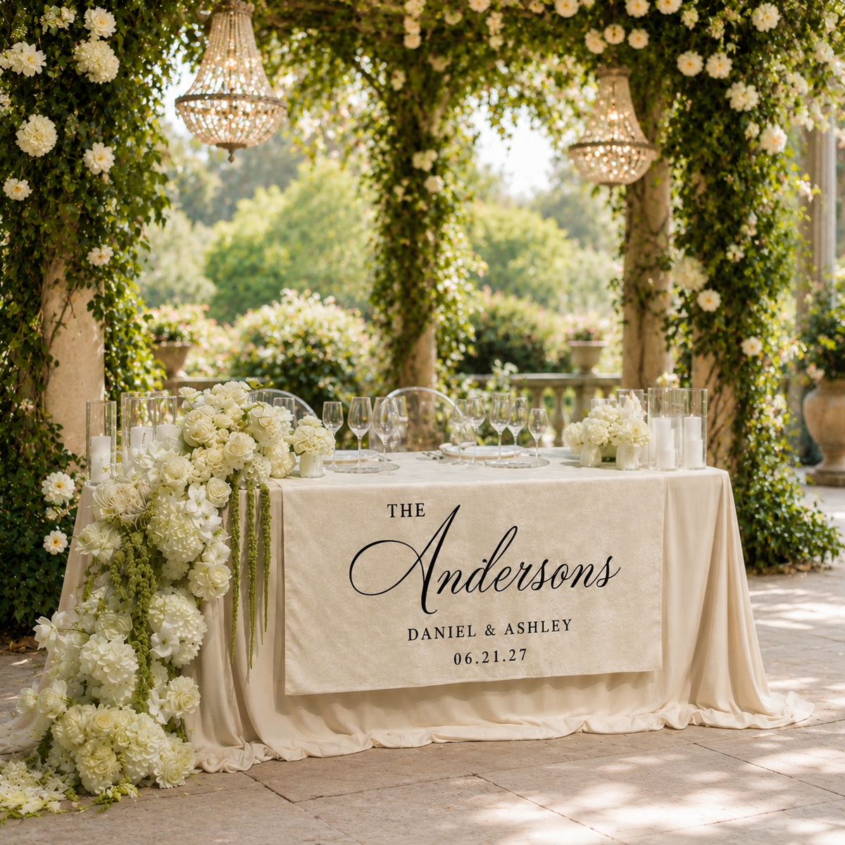 Elegant Wedding Table Runner for Reception Personalized Last Name Design