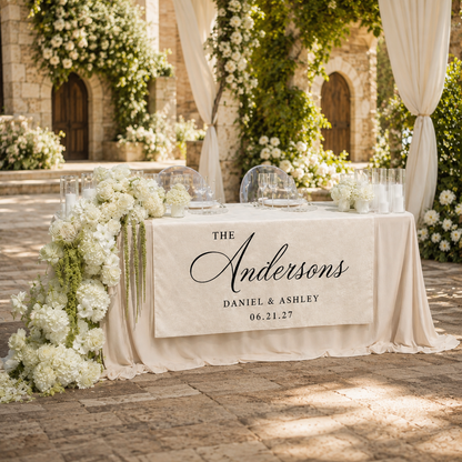 Elegant Wedding Table Runner for Reception Personalized Last Name Design