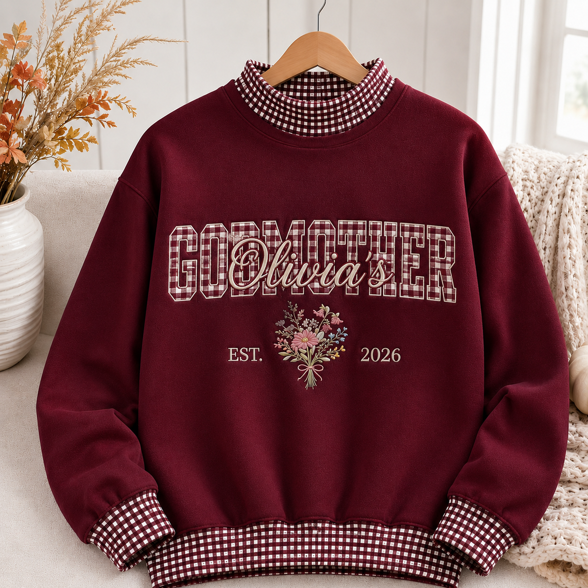 Charming Personalized Godmother Sweatshirt Gingham Mockneck
