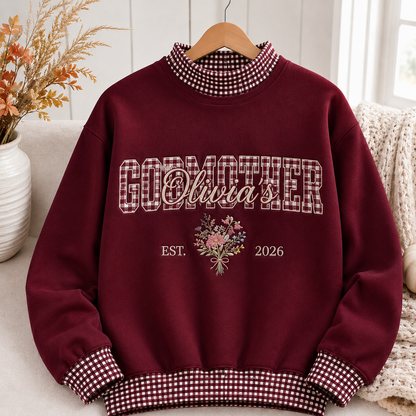 Charming Personalized Godmother Sweatshirt Gingham Mockneck