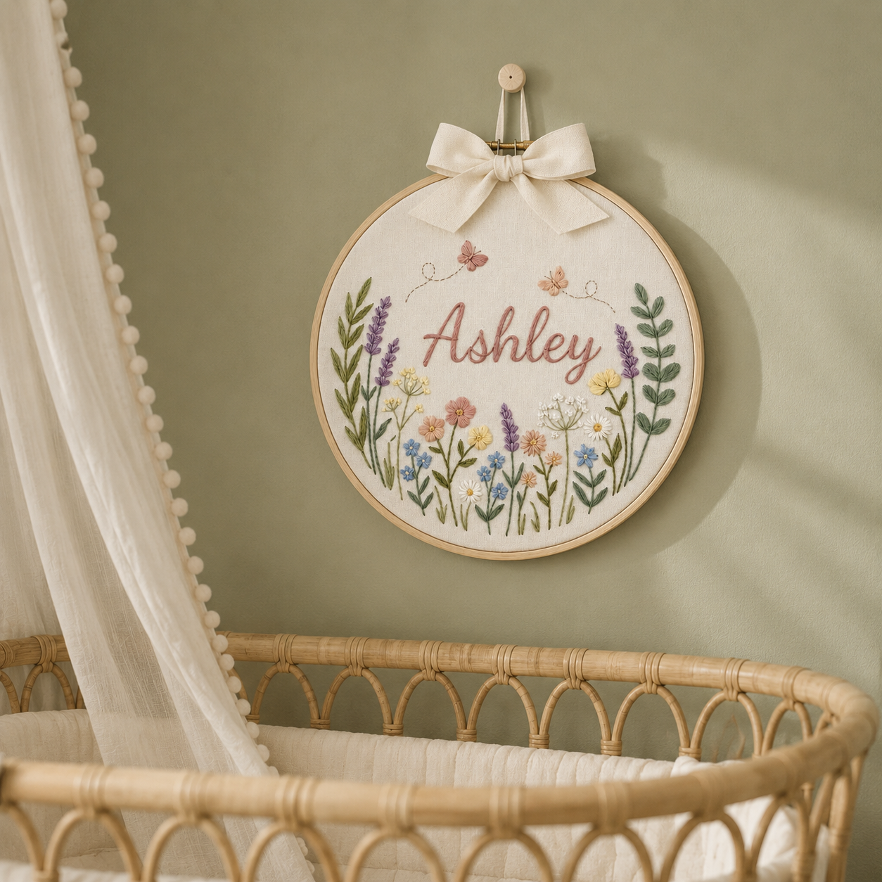 Personalized Butterfly Floral Baby Name Embroidery Hoop