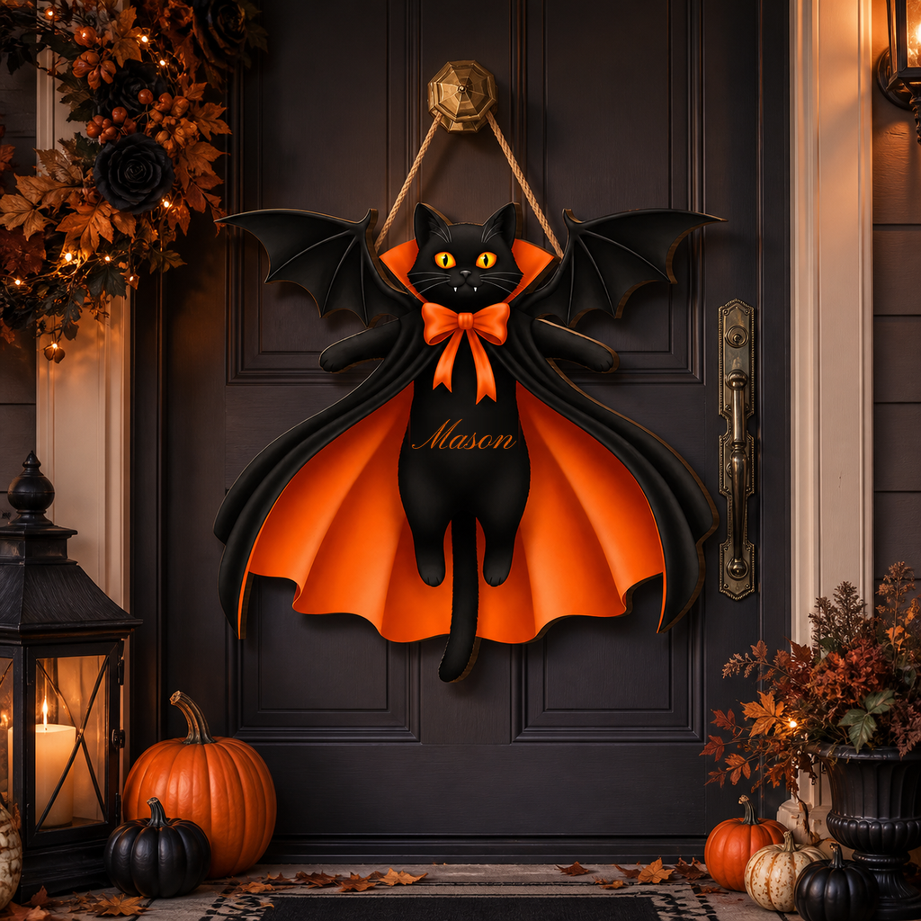 Personalized Halloween Black Cat Vampire Bat Wooden Sign