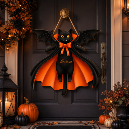 Personalized Halloween Black Cat Vampire Bat Wooden Sign