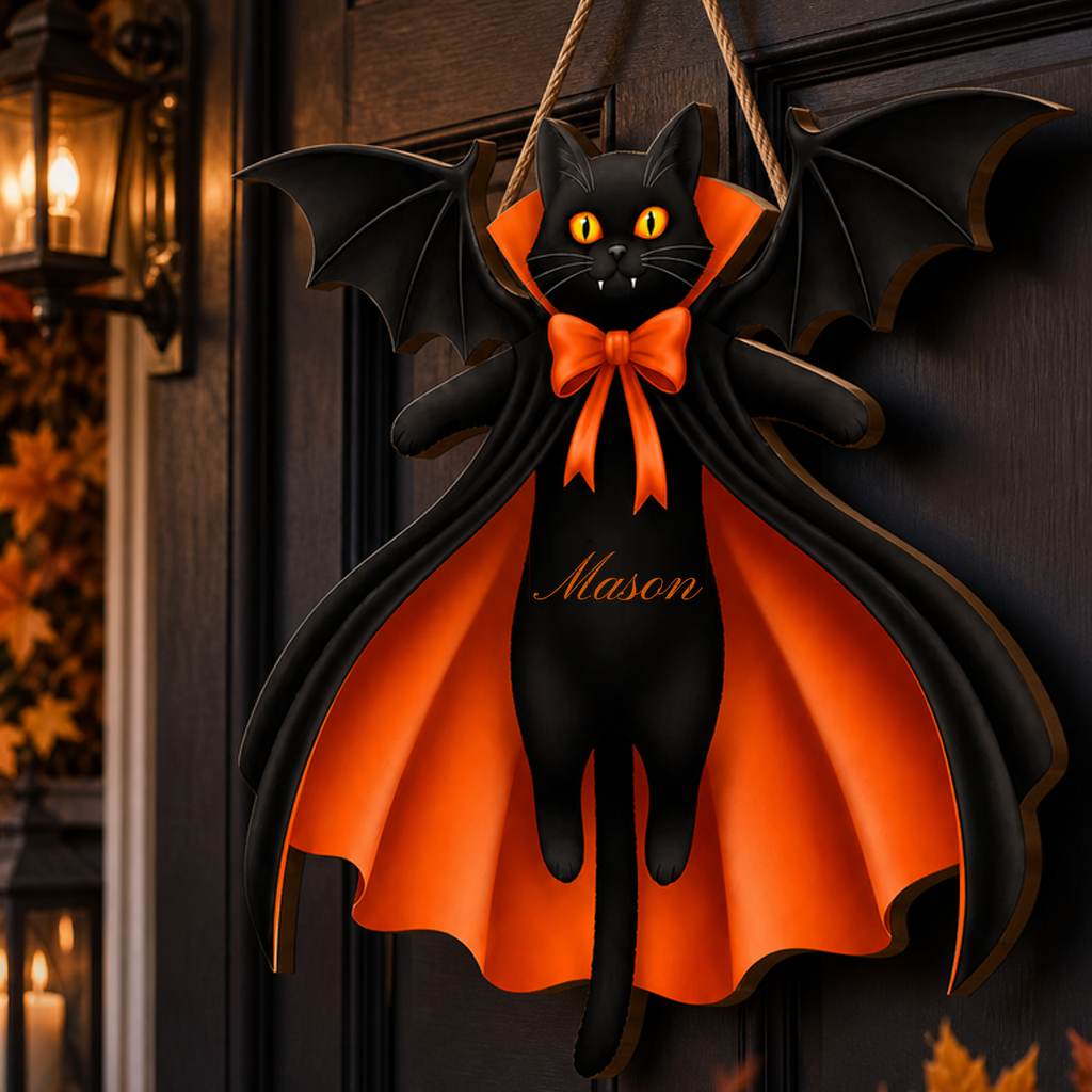 Personalized Halloween Black Cat Vampire Bat Wooden Sign
