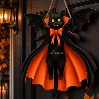 Personalized Halloween Black Cat Vampire Bat Wooden Sign
