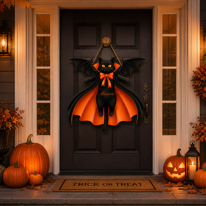 Personalized Halloween Black Cat Vampire Bat Wooden Sign
