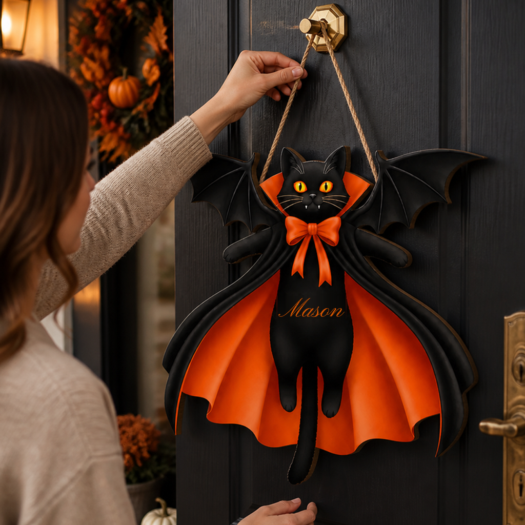 Personalized Halloween Black Cat Vampire Bat Wooden Sign