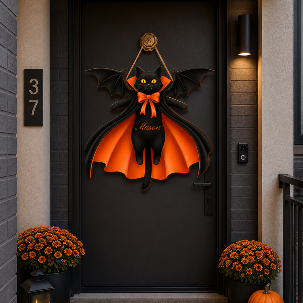 Personalized Halloween Black Cat Vampire Bat Wooden Sign