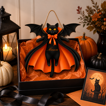 Personalized Halloween Black Cat Vampire Bat Wooden Sign